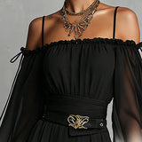 Chiffon Jumpsuit with Black and White Degradé Effect, Off-the-Shoulder Neckline and Belt — view 4