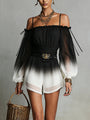 Chiffon Jumpsuit with Black and White Degradé Effect, Off-the-Shoulder Neckline and Belt — view 2