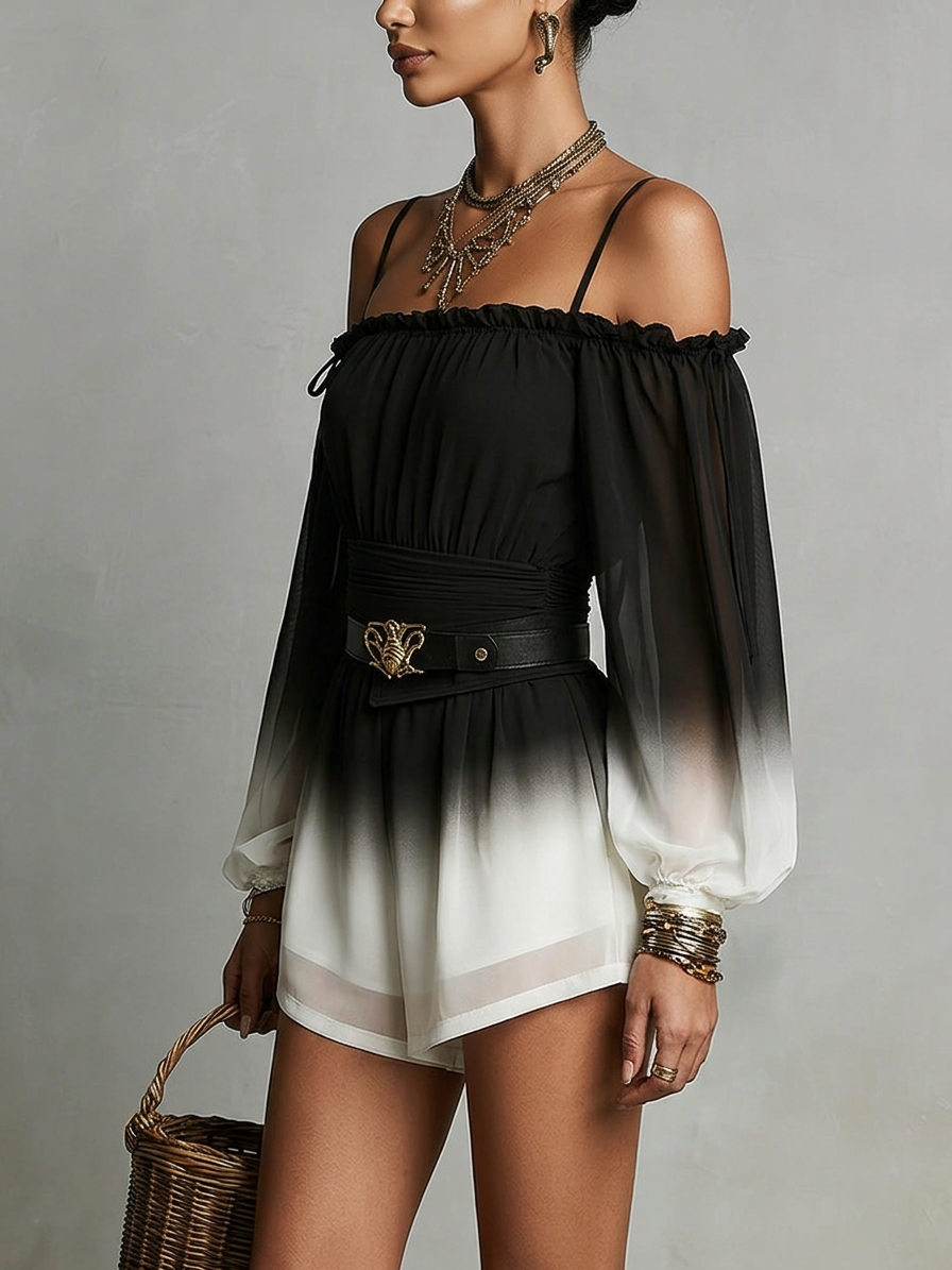 Chiffon Jumpsuit with Black and White Degradé Effect, Off-the-Shoulder Neckline and Belt