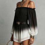 Chiffon Jumpsuit with Black and White Degradé Effect, Off-the-Shoulder Neckline and Belt