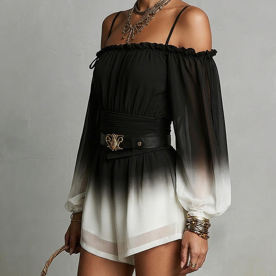 Chiffon Jumpsuit with Black and White Degradé Effect, Off-the-Shoulder Neckline and Belt