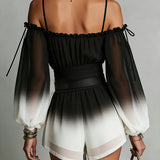 Chiffon Jumpsuit with Black and White Degradé Effect, Off-the-Shoulder Neckline and Belt — view 3