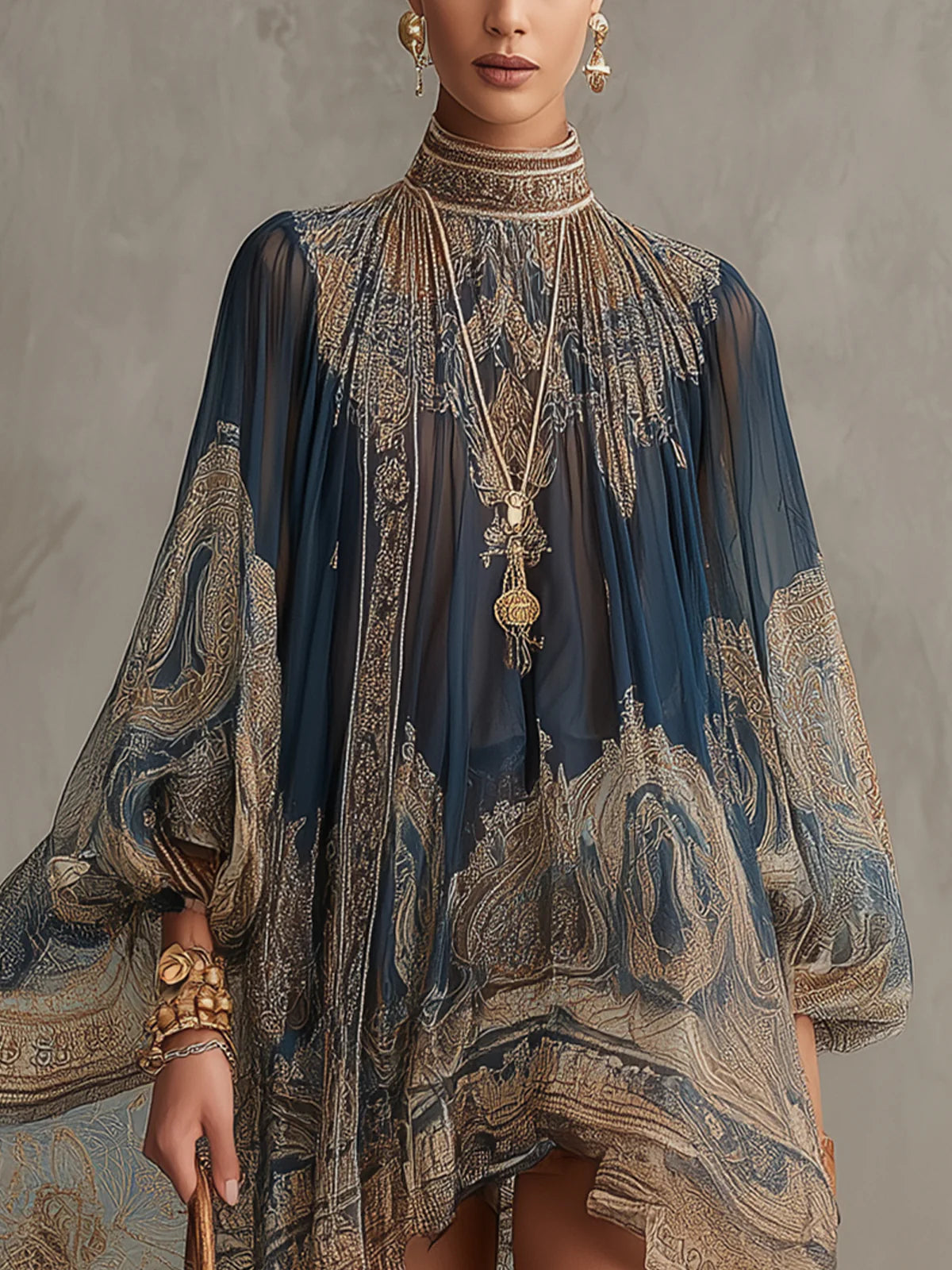 Navy Blue Chiffon Mini Dress with Baroque Pattern and High Collar — view 4