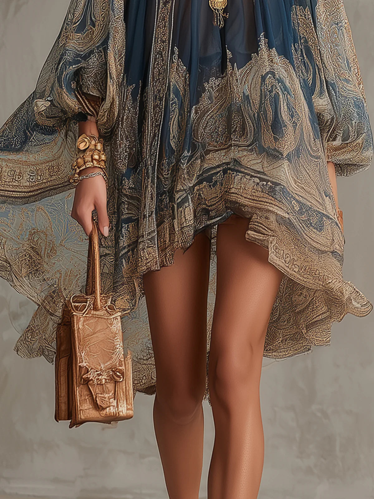Navy Blue Chiffon Mini Dress with Baroque Pattern and High Collar — view 5