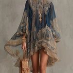 Navy Blue Chiffon Mini Dress with Baroque Pattern and High Collar