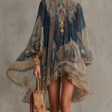 Navy Blue Chiffon Mini Dress with Baroque Pattern and High Collar