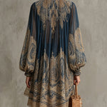 Navy Blue Chiffon Mini Dress with Baroque Pattern and High Collar — view 2