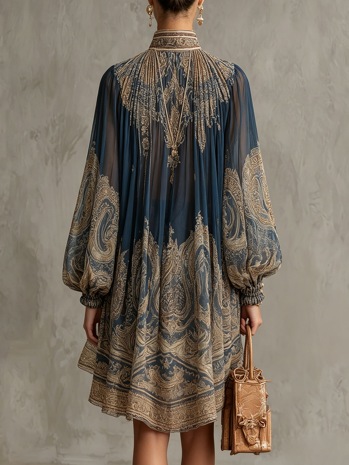 Navy Blue Chiffon Mini Dress with Baroque Pattern and High Collar — view 2
