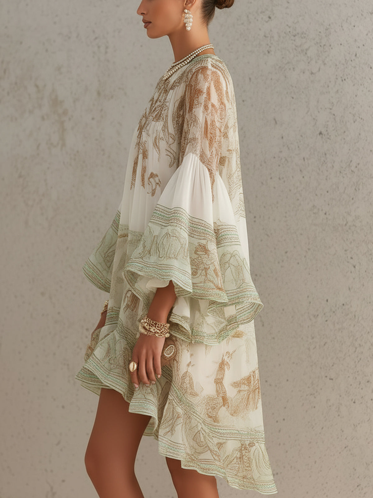 Green Chiffon Mini Dress with Butterfly Sleeves and Ruffles — view 3