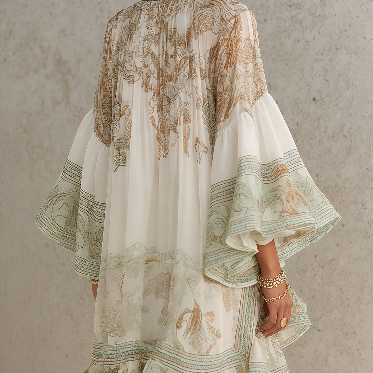 Green Chiffon Mini Dress with Butterfly Sleeves and Ruffles — view 2