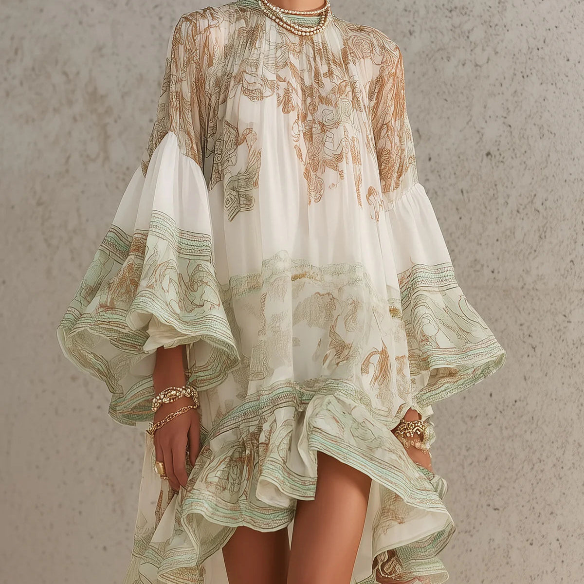 Green Chiffon Mini Dress with Butterfly Sleeves and Ruffles