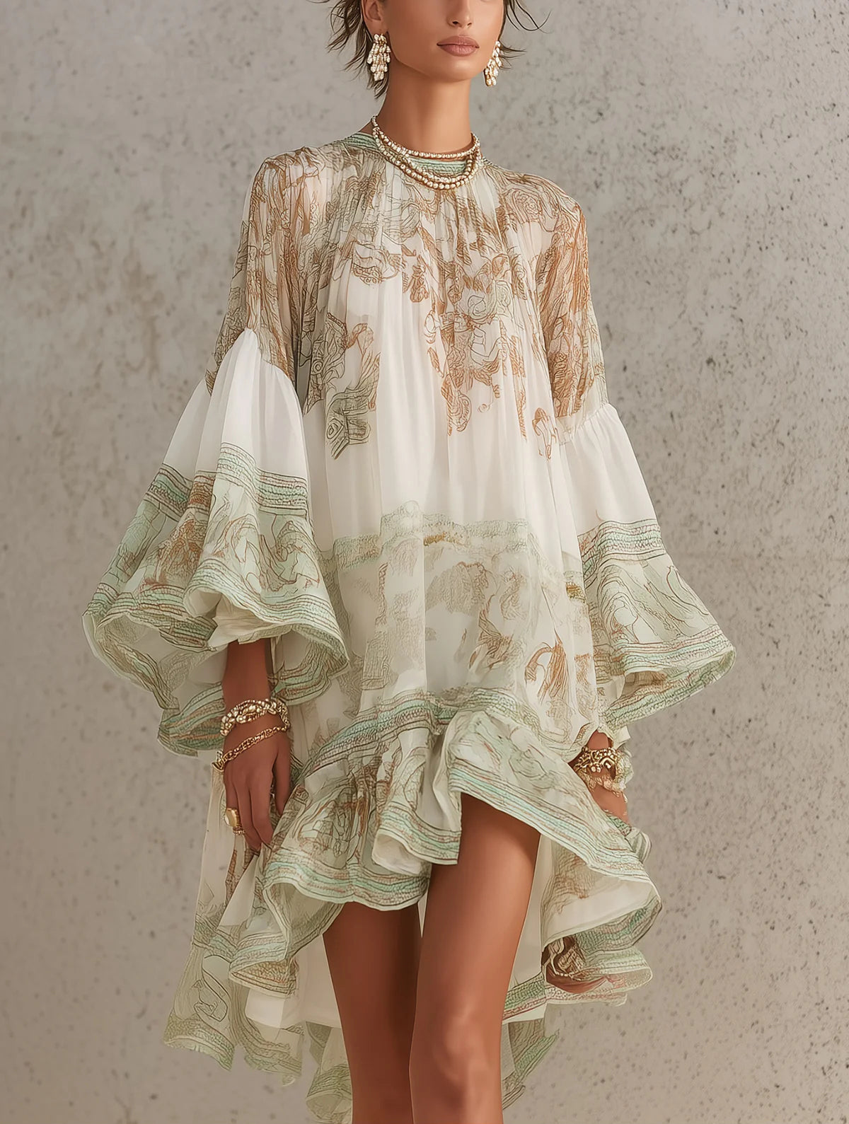 Green Chiffon Mini Dress with Butterfly Sleeves and Ruffles