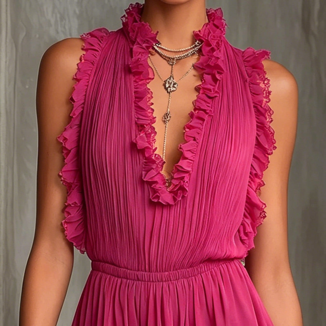 Pleated Chiffon Jumpsuit with Frills, Fuchsia