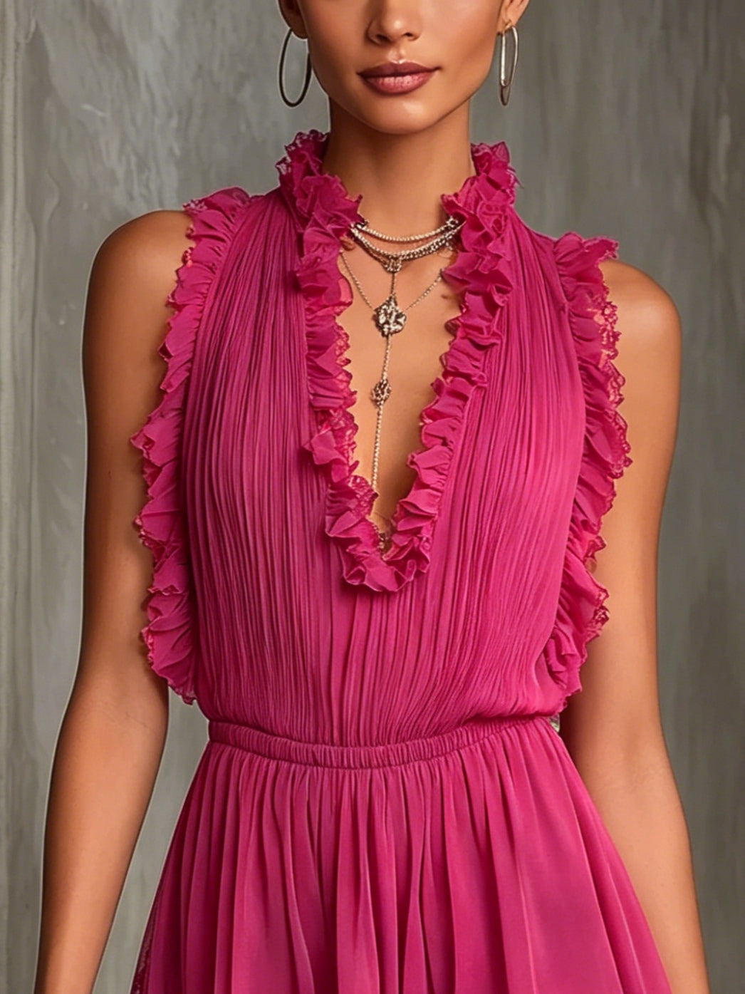 Pleated Chiffon Jumpsuit with Frills, Fuchsia