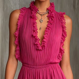 Pleated Chiffon Jumpsuit with Frills, Fuchsia