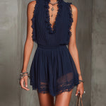 Jumpsuit in Pleated Chiffon with Lace and Ruffles, Navy Blue