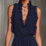 Jumpsuit in Pleated Chiffon with Lace and Ruffles, Navy Blue — view 2