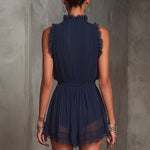 Jumpsuit in Pleated Chiffon with Lace and Ruffles, Navy Blue — view 4