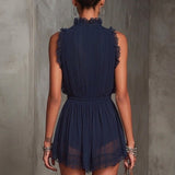 Jumpsuit in Pleated Chiffon with Lace and Ruffles, Navy Blue — view 4