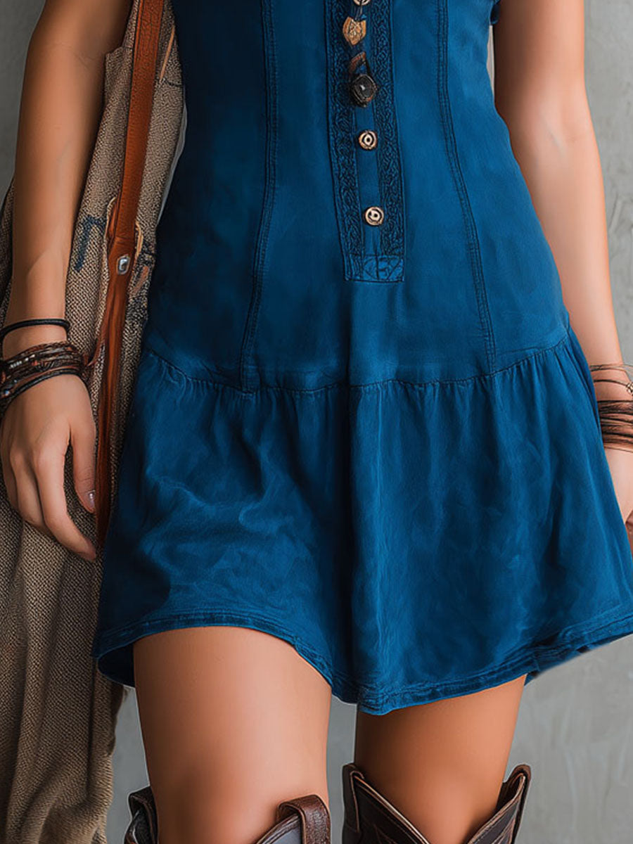 Indigo Sleeveless Mini Dress with V-Neck and Buttons — view 6