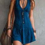 Indigo Sleeveless Mini Dress with V-Neck and Buttons