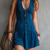 Indigo Sleeveless Mini Dress with V-Neck and Buttons