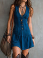 Indigo Sleeveless Mini Dress with V-Neck and Buttons