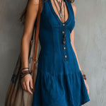 Indigo Sleeveless Mini Dress with V-Neck and Buttons — view 2
