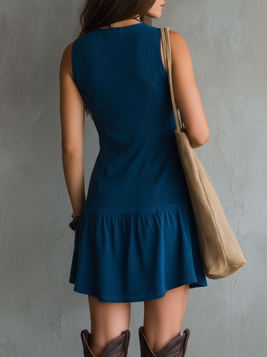 Indigo Sleeveless Mini Dress with V-Neck and Buttons — view 4