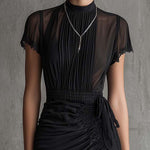 Black Chiffon Mini Dress with Pleated Waist and Lace — view 4