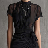 Black Chiffon Mini Dress with Pleated Waist and Lace — view 4