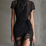 Black Chiffon Mini Dress with Pleated Waist and Lace
