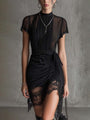 Black Chiffon Mini Dress with Pleated Waist and Lace
