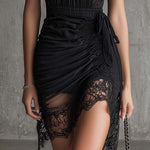 Black Chiffon Mini Dress with Pleated Waist and Lace — view 5