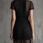 Black Chiffon Mini Dress with Pleated Waist and Lace — view 2