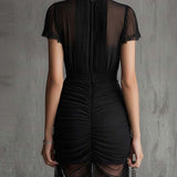 Black Chiffon Mini Dress with Pleated Waist and Lace — view 2