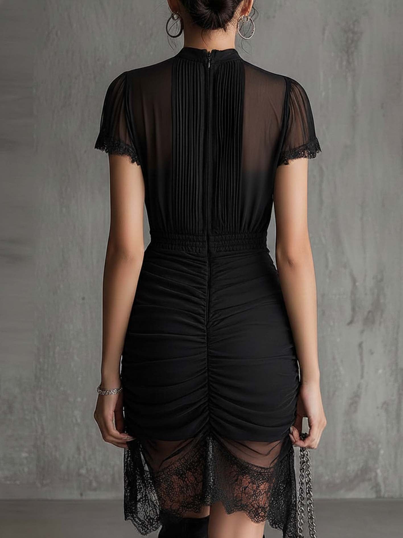 Black Chiffon Mini Dress with Pleated Waist and Lace — view 2