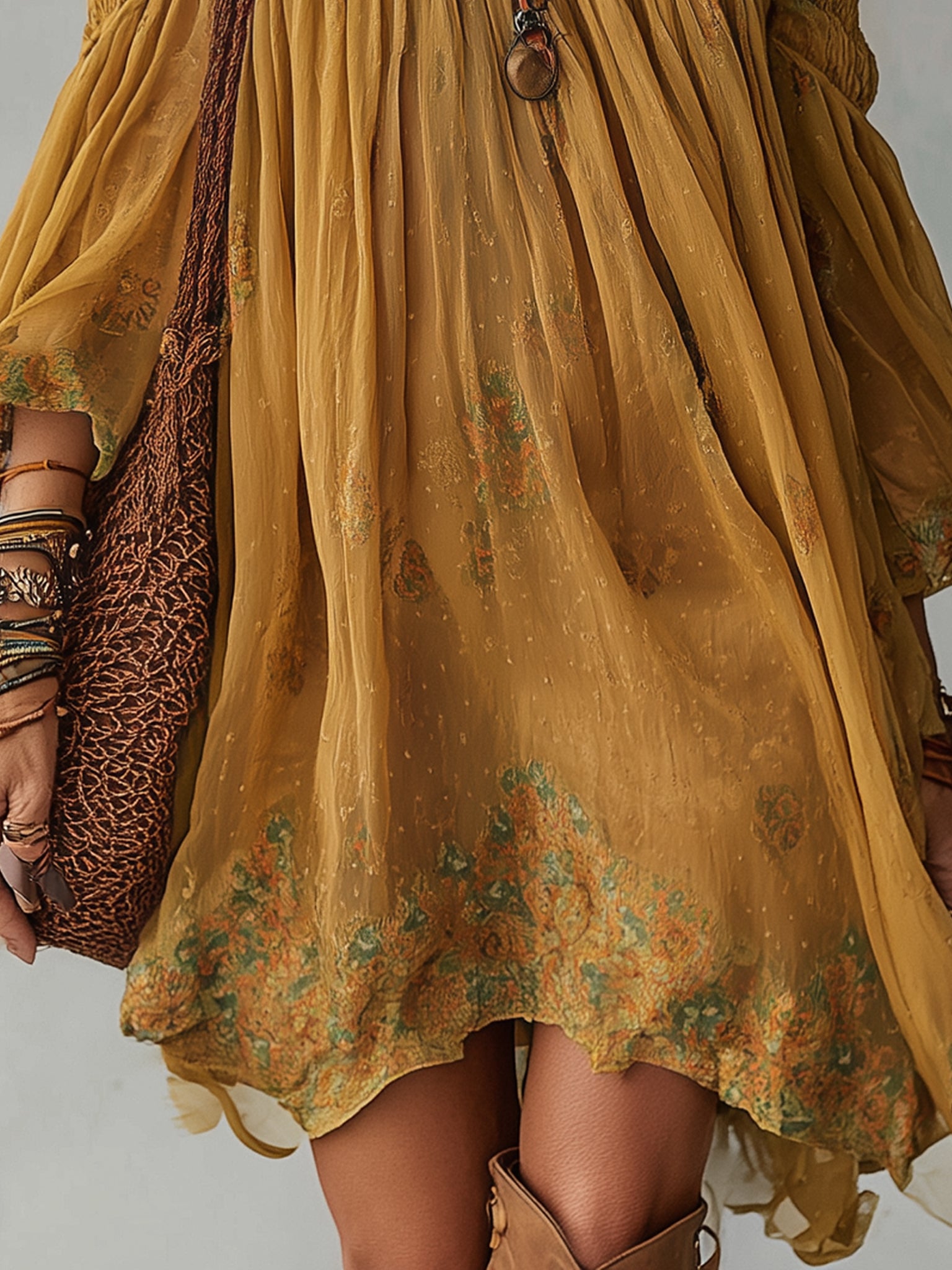 Yellow Floral Chiffon Mini Dress with Exposed Shoulders — view 2