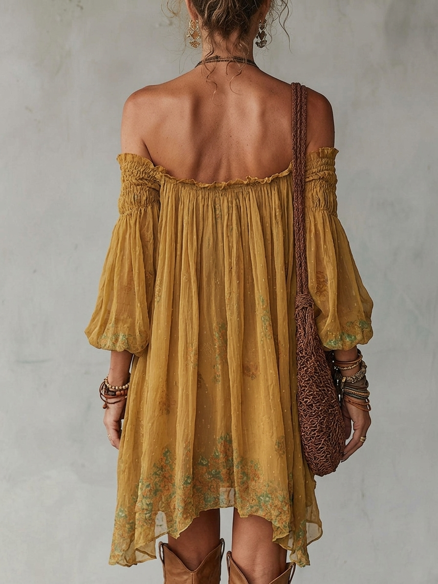 Yellow Floral Chiffon Mini Dress with Exposed Shoulders — view 3