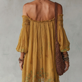 Yellow Floral Chiffon Mini Dress with Exposed Shoulders — view 3