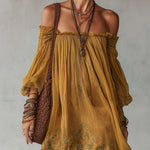 Yellow Floral Chiffon Mini Dress with Exposed Shoulders