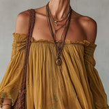 Yellow Floral Chiffon Mini Dress with Exposed Shoulders — view 4