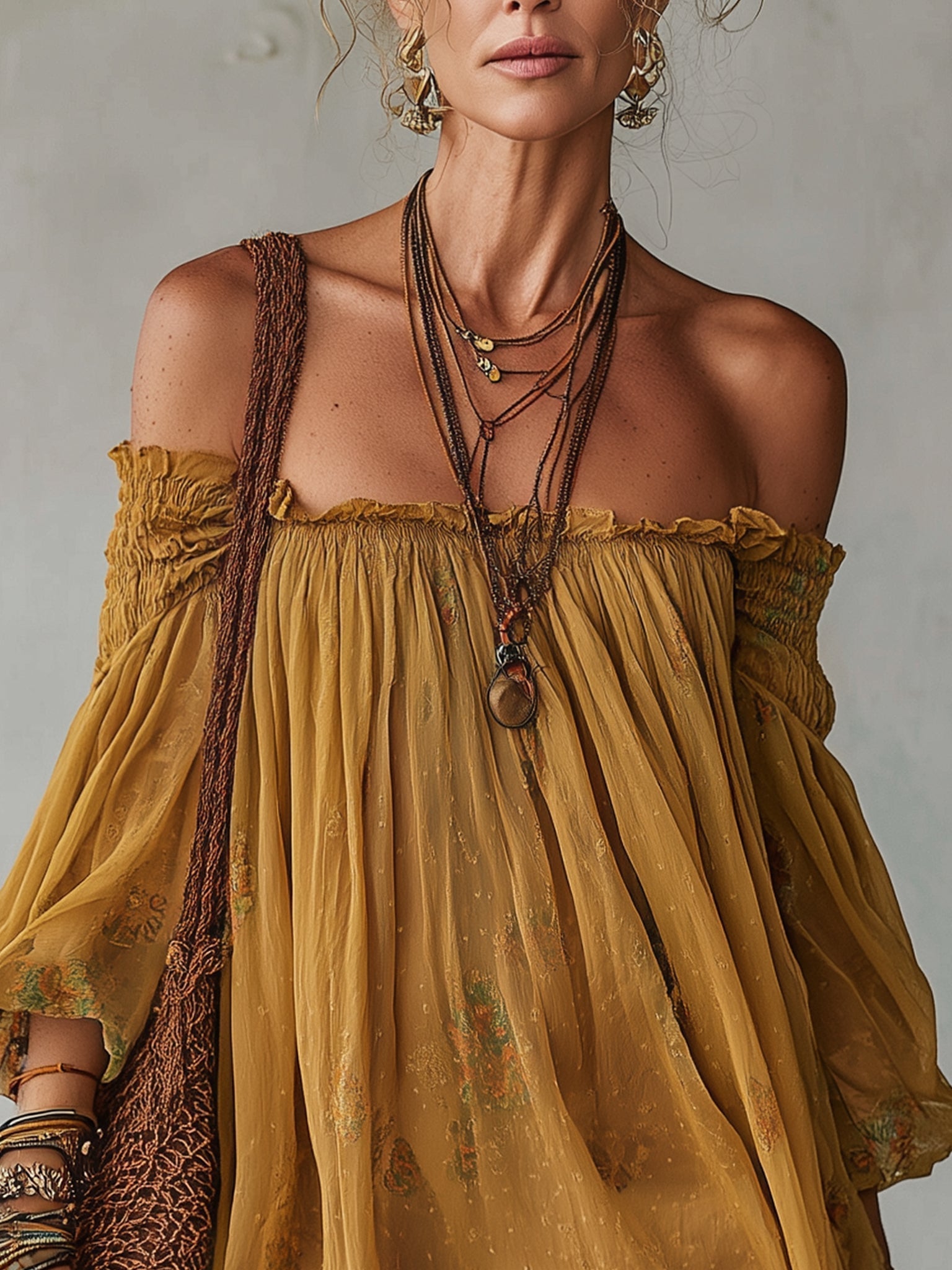 Yellow Floral Chiffon Mini Dress with Exposed Shoulders — view 4