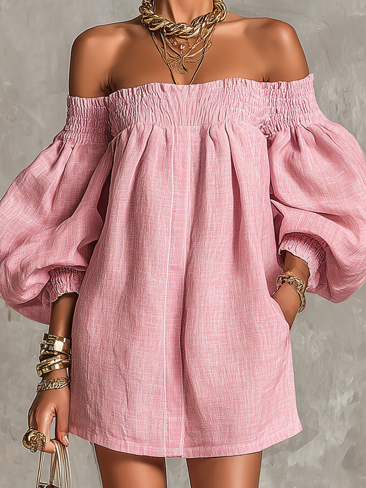 Pink Mini Dress in A-Line with Cut-Out Shoulders and Lantern Sleeves — view 7