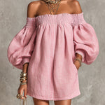 Pink Mini Dress in A-Line with Cut-Out Shoulders and Lantern Sleeves — view 3