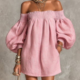 Pink Mini Dress in A-Line with Cut-Out Shoulders and Lantern Sleeves — view 3