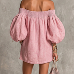 Pink Mini Dress in A-Line with Cut-Out Shoulders and Lantern Sleeves