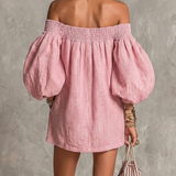 Pink Mini Dress in A-Line with Cut-Out Shoulders and Lantern Sleeves