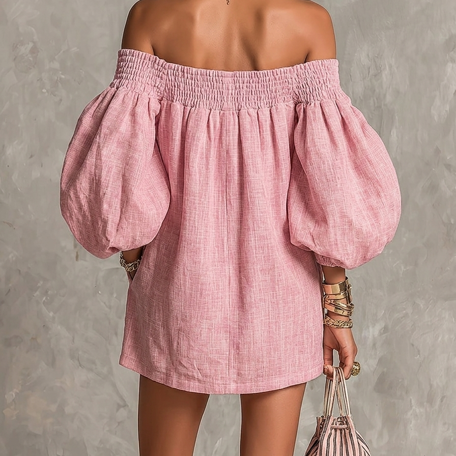 Pink Mini Dress in A-Line with Cut-Out Shoulders and Lantern Sleeves