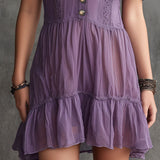 Purple Chiffon Mini Dress with Puffed Sleeves, Frills and Buttons — view 5